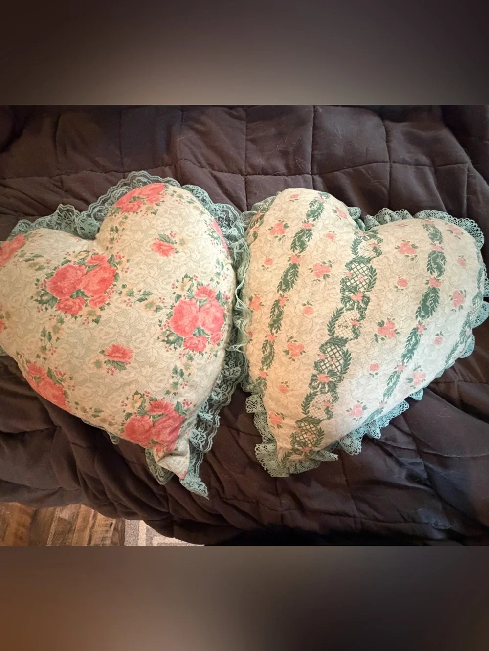 Vintage Lace Throw Pillow set green & blush floral hearts cottagecore